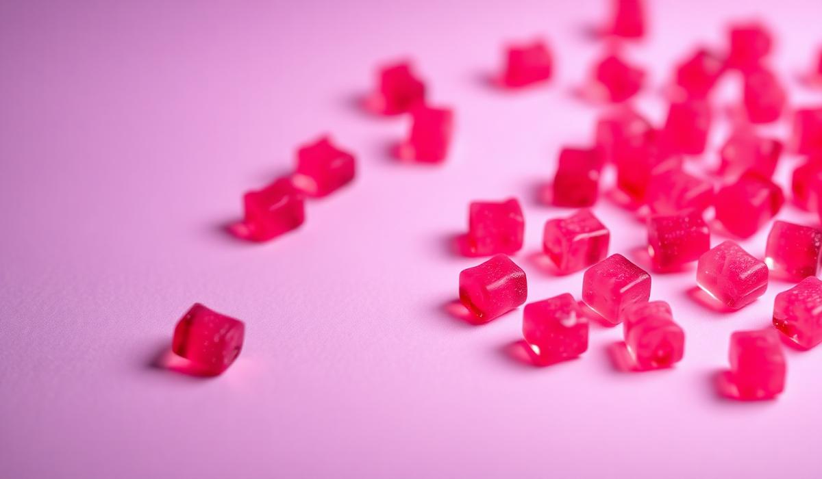 Close-up of pink berry-flavoured keto BHB gummies on a soft purple surface